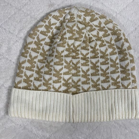 Michael Kors Logo Beanie Women's Hat Cap Cream Gold Metallic OS Lightweight - Picture 2 of 4
